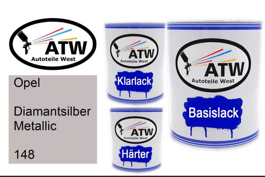 Opel, Diamantsilber Metallic, 148: 1L Lackdose + 1L Klarlack + 500ml Härter - Set, von ATW Autoteile West.